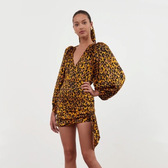 NWT Ronny Kobo leopard animal print statement sleeve faux wrap mini dress, M - Picture 4 of 16